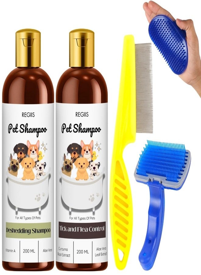 مجموعة شامبو للحيوانات الأليفة مع تركيبة لإزالة الشعر الزائد ومكافحة القراد والبراغيث، 200 مل لكل عبوة، تتضمن فرشًا ومشطًا للعناية بالكلاب (عبوة من 5 قطع) - Image 1